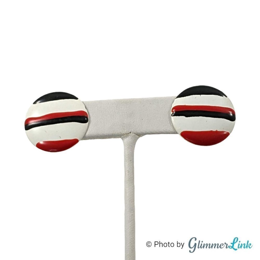 Vintage Fun Striped Black Red & White Enamel Circle Earrings